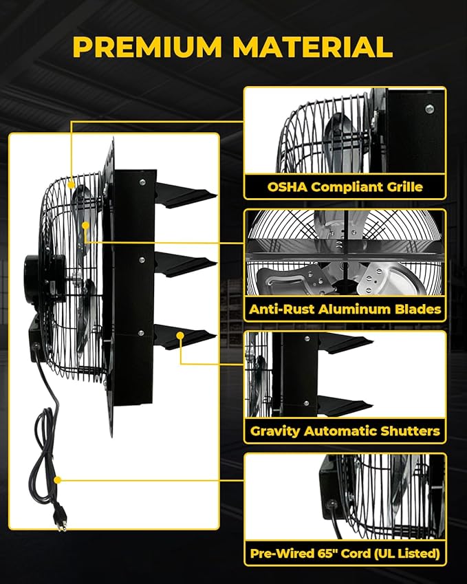 VENTISOL 14 Inch Shutter Exhaust Fan Wall Mounted, Aluminum Blades, with 1.65 Meters Power Cord Kit, Max.1950CFM, Ventilation Fan for Garage,Greenhouse,Attic,Shed,Shop-Black