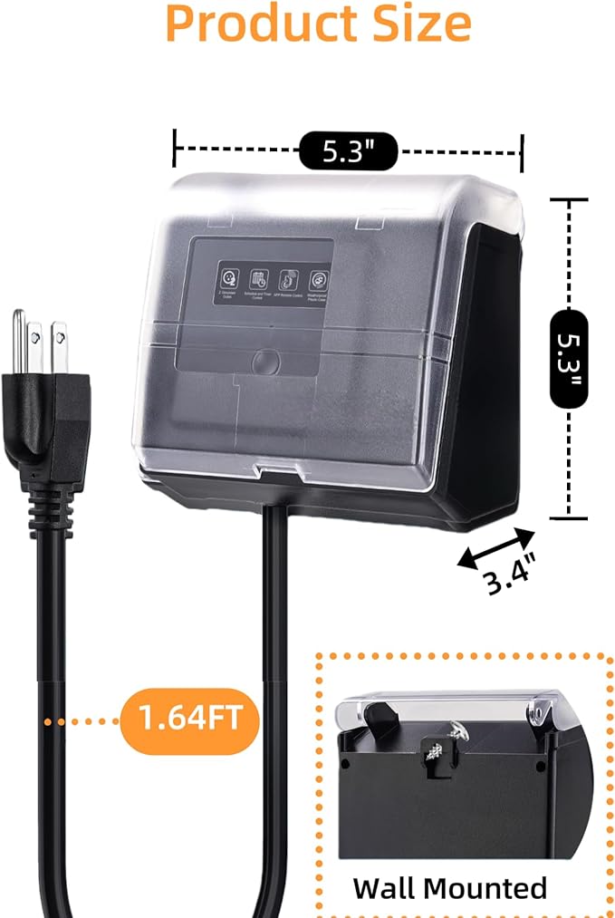 WiFi Pool Pump Timer Outlet, 15A 125V 1HP,NEMA 5-15R Plug-in Timer, Outdoor& Indoor use,with Weatherproof Cover, for Pool Pump, Water Heater, Pool Filter, Landscape Lights