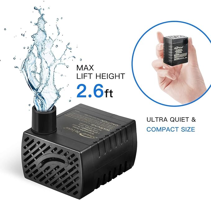 Simple Deluxe 80 GPH Submersible Water Pump (300L/H, 3.6W), Ultra Quiet Fountain Pump with 2.6 ft, 2 Nozzles for Aquarium, Pool, Hydroponics, Black