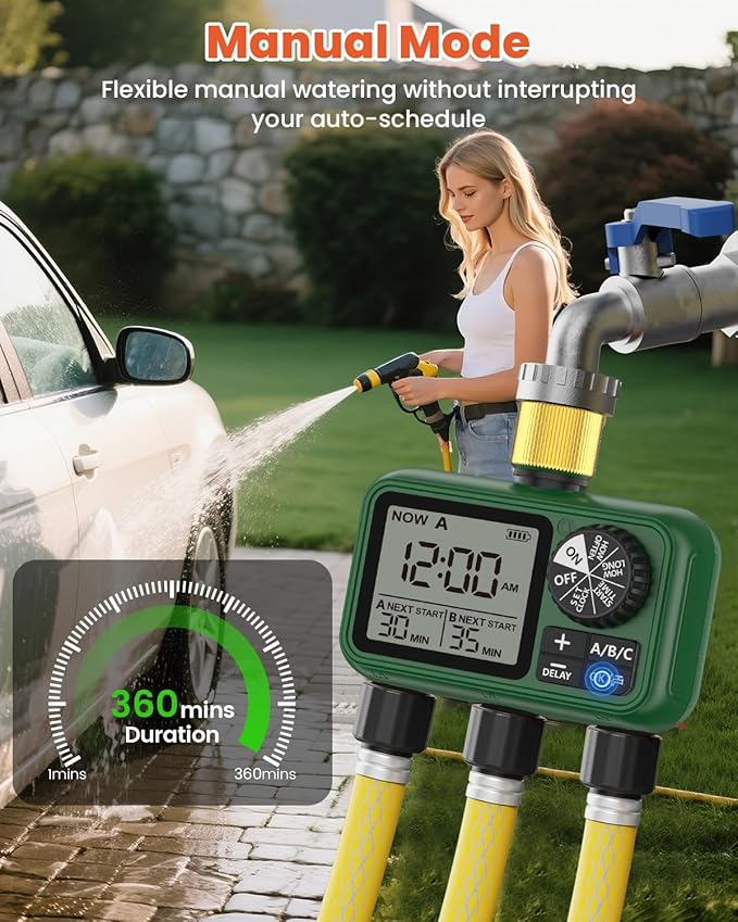 3 Zones Brass Inlet & Outlet Water Timer for Outdoor Garden Hose, Sprinkler Timer for Garden Faucet with Auto/Manual/Rain Delay Mode, Sprinkler Irrigation Controller for Yard Lawn
