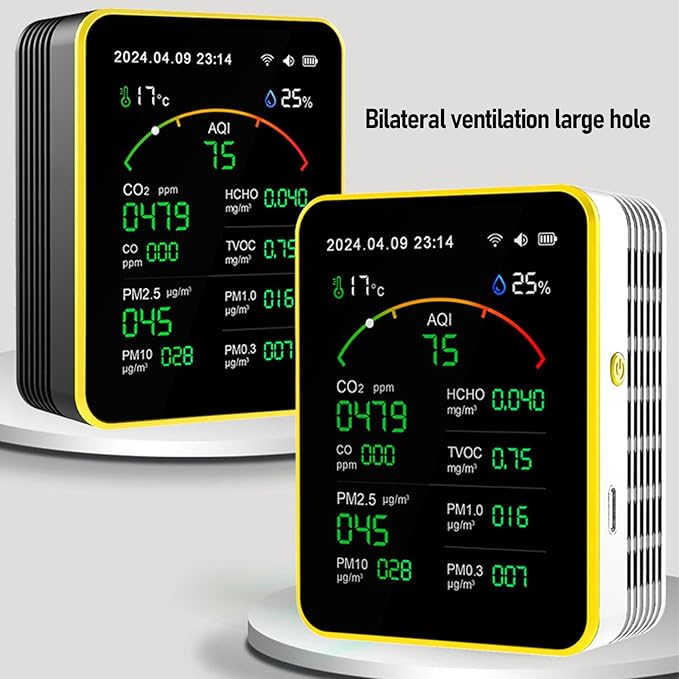 Yctze 15 in 1 Air Quality Detector, WiFi APP Control CO2 HCHO TVOC PM2.5 PM10 Temperature Humidity Monitor with Smart Timer & Real Time Data, Ideal for Indoor Air Quality Testing (Black Yellow)
