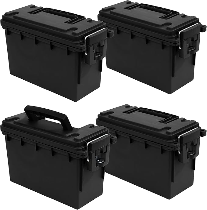 Sheffield 12772 4-Pack Ammo Storage Box, Stackable .30 Cal Field Boxes, Water and Dust Resistant, Lockable Storage Box with Handle, Secures Hunting Gear, Supplies, and Bullets, Made in USA, Black