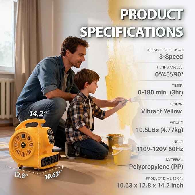 Air Mover, 1100 CFM 1/4 HP 200W Blower Fan, Floor Fan Heavy Duty with 3 Speeds and Timer, Stackable Air Blower, Utility Fan for Carpet, Floor Drying and Water Damage Restoration, YELLOW