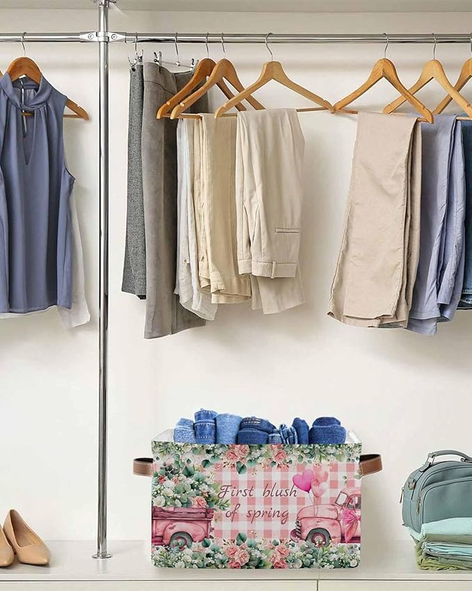Eucalyptus Trucks Storage Bins Cubes Waterproof Cloth Storage Basket,Spring Farmhouse Floral Leaves Pink Plaid Foldable Storage Bags for Shelf Storages Organizers with Handles 15x11x9.5 in 2PCS