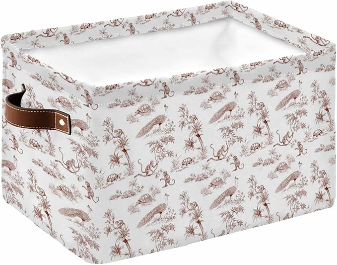 Farmhouse Monkey Storage Bins Cubes Waterproof Cloth Storage Basket,Vintage Brown Plants Rustic Turtles Peacock Foldable Storage Bags for Shelf Closet Clothes Organizers with Handles 15x11x9.5 in 1PCS