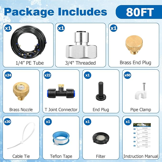 Mellbree Misters for Outside Patio 80FT/24M, Pre-Assembled Misting Cooling System with 24 Brass Nozzles & 3/4" Adapter, Outdoor Mister for Garden, Backyard, Pool, Greenhouse, Play Zone, Trampoline