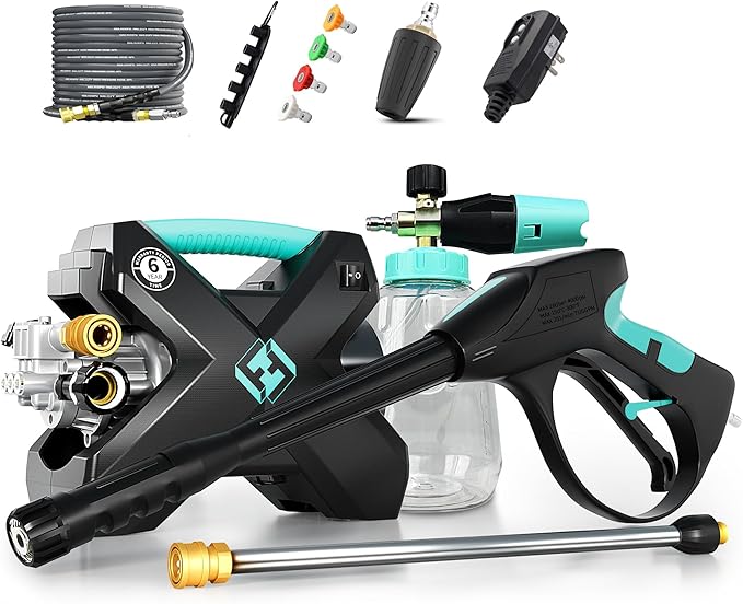 2026DIY Pressure Washer 3.5 Flow Rate with 5 Nozzles&1000ML Foam Cannon, Pure Copper Brushless Motor, Compact & Small Power Washer for Car Detailing, Home, Patio&Other Cleaning transformations,Blue