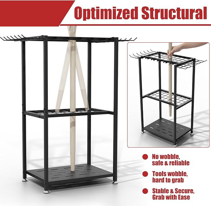 Faesun Garden Tool Organizer, 3-Tier Metal Yard Tool Rack with 14 Hooks & 5 Slots, Holds 50+ Rakes/Shovels/Brooms, Heavy Duty Freestanding Lawn Tool Storage for Garage Shed Outdoor Organization