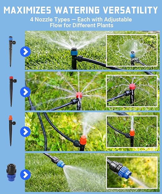237FT All Quick-Connect Drip Irrigation System Kit with 40 Adjustable Nozzles, UV-Proof 1/2" & 1/4" PE Tubing, for Greenhouse, Lawn & Potted Plants Watering (40FT + 197FT)