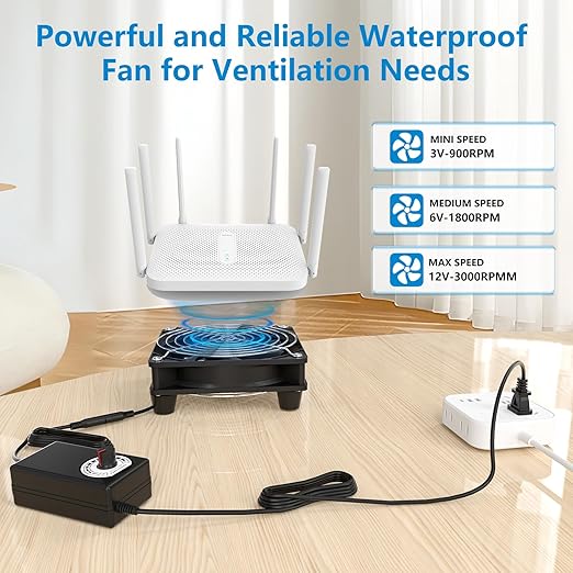 IP67 Waterproof Small 12V Variable Speed Computer Fan with AC Plug, KEYFANCLUB 110V 120V 220V AC Powered Ventilation Exhaust Fan for Receiver Terrarium Biltong Box Grow Tent Cabinet Cooling