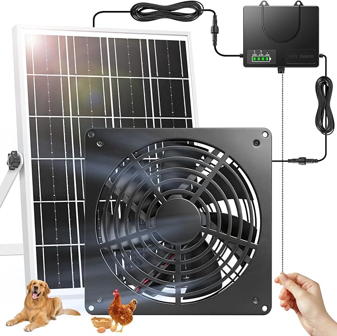 Solar Powered Fan for Chicken Coop, 12000mAh Battery Runs Day and Night, 7.1in Waterproof Exhaust Fan with Pull String Switch, USB-C & Solar Dual Power, Timer 4/8H for Shed Greenhouse Doghouse