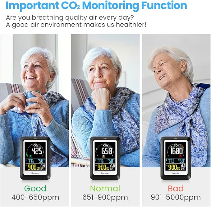 Newentor CO2 Monitor, Indoor Air Quality Meters, Carbon Dioxide Detector with Voice, Large Display CO2 Tester, Temperature Humidity Sensor, Alarm Clock for Home, RV, Grow Tents, Black