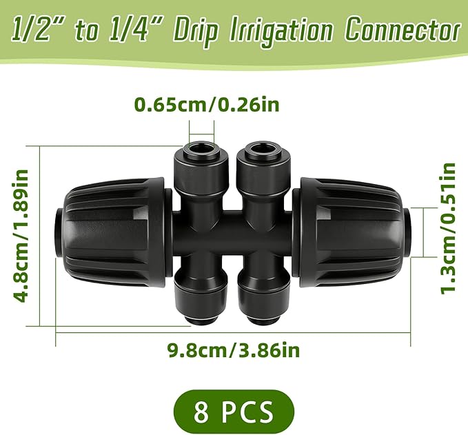 8 PCS 1/2" to 1/4" Drip Irrigation Tee Fittings,6 Way Barbed Tee 1/2 Inch to 1/4 Inch Quick Connect Irrigation Tubing Fittings,Anti-Leak Reducing Splitter Tee Connectors for Garden Irrigation System