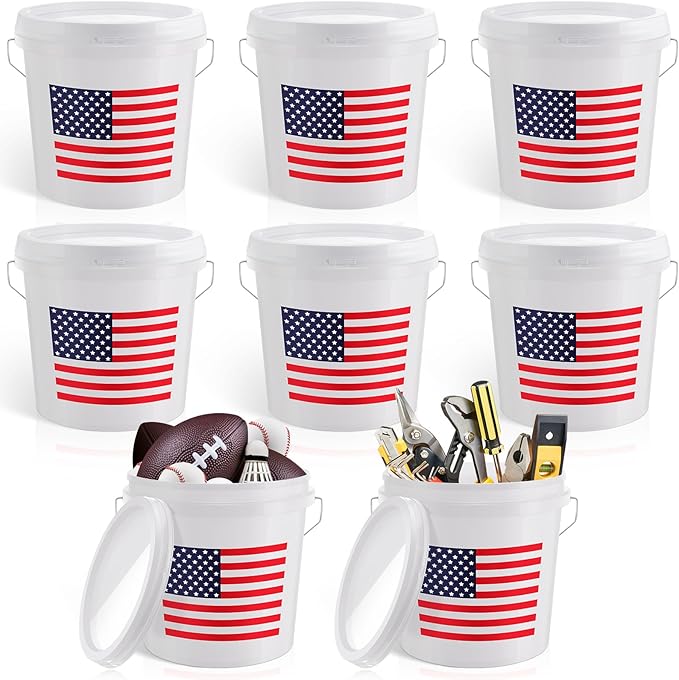 Threehoney 6 Pcs 2 Gallon Plastic Bucket with Lid and Handle, Large White Heavy Duty Bucket with American Flag for Home Gardening Tools Household Cleaning Baseballs Storage Container