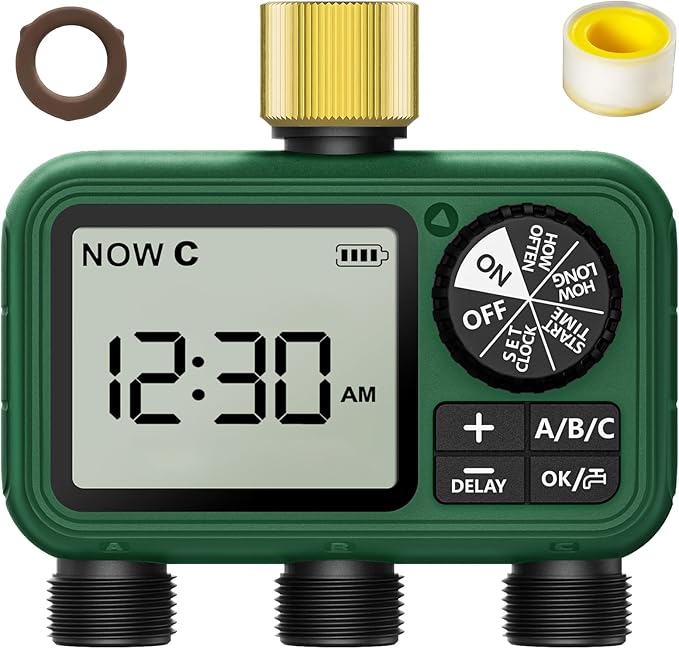 3 Zones Brass Inlet Water Timer for Outdoor Garden Hose, Sprinkler Timer for Garden Faucet with Auto/Manual/Rain Delay Mode, Sprinkler Irrigation Controller for Yard Lawn