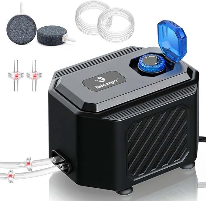 fishkeeper Ultra-Quiet Aquarium Air Pump – 10W (255GPH) Powerful Fish Tank Air Pump with Stainless Steel Dual Outlets, Adjustable Oxygen Aerator Pump with Air Stone Bubbler Kit for 1–200 Gallon