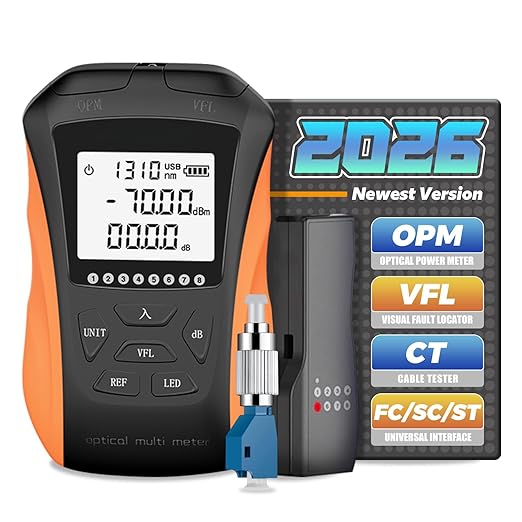 Optical Power Meter with Visual Fault Locator, Fiber Light Meter with Cable Tester Function and Li-ion Battery USB Charge for FC/SC/ST Universal Interface