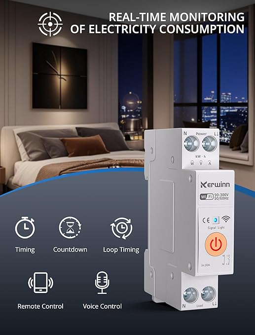 WiFi Smart Circuit Breaker 1P+N, 24-Hour Energy Monitoring, DIN Rail Mount, Smart Life/Tuya APP Remote Control & Voice Control Compatible with Alexa/Google Assistant(25A)