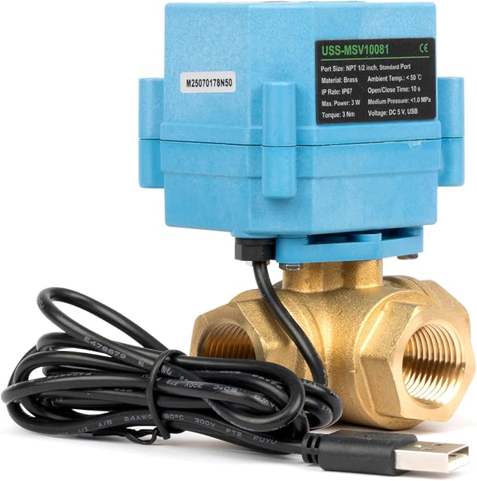 U.S. Solid WiFi Smart Motorized Ball Valve 1/2 inch NPT for Water Control & Irrigation, 3 Way Brass Electric Valve, USB Powered, LED Status Indicator, Flow Direction Window, Remote On/Off Control