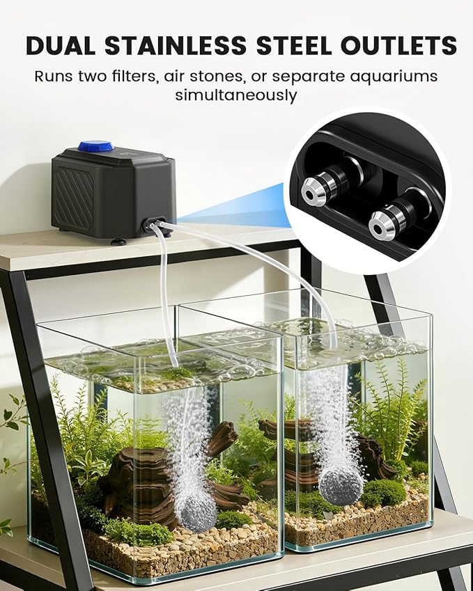 fishkeeper Strong Aquarium Air Pump – Ultra-Quiet 6W/10W Fish Tank Air Pump with Stainless Steel Dual Outlets, Adjustable Oxygen Aerator Pump with Air Stone Bubbler Kit for 1–200 Gallon