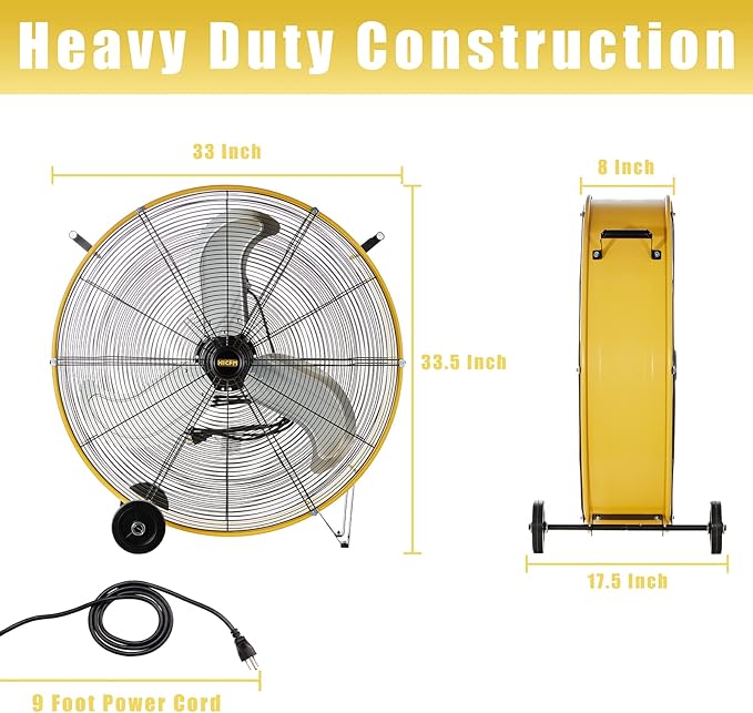 HiCFM 13000 CFM 30 inch Heavy Duty High Velocity Barrel Floor Drum Fan With Powerful 1/3HP Motor, 9ft Cord, 5in Solid Wheels for Workshop, Garage, Commercial or Industrial rooms - UL Safety Listed