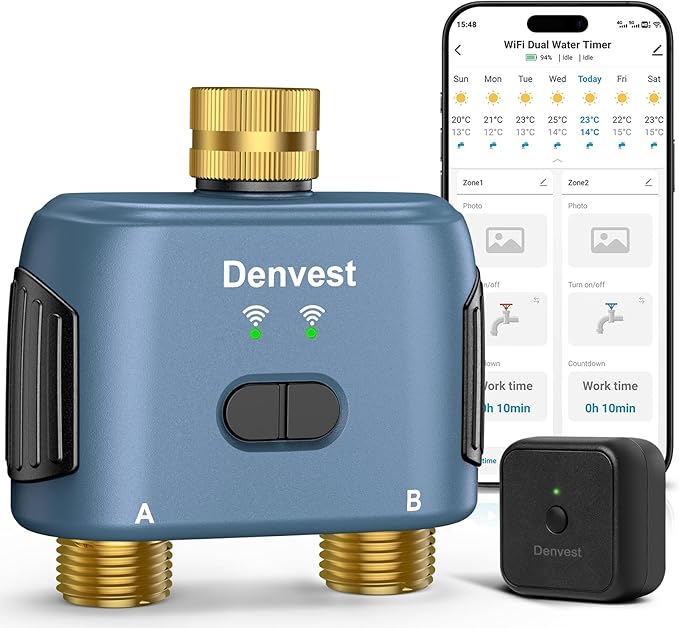 WiFi Water Timer for Garden Hose with Brass Inlet,Smart Hose Timer with WiFi Hub, APP & Voice Control,Up to 20 Watering Plans, 2-Zone Sprinkler Drip Irrigation System Controller for Yard Lawn Watering