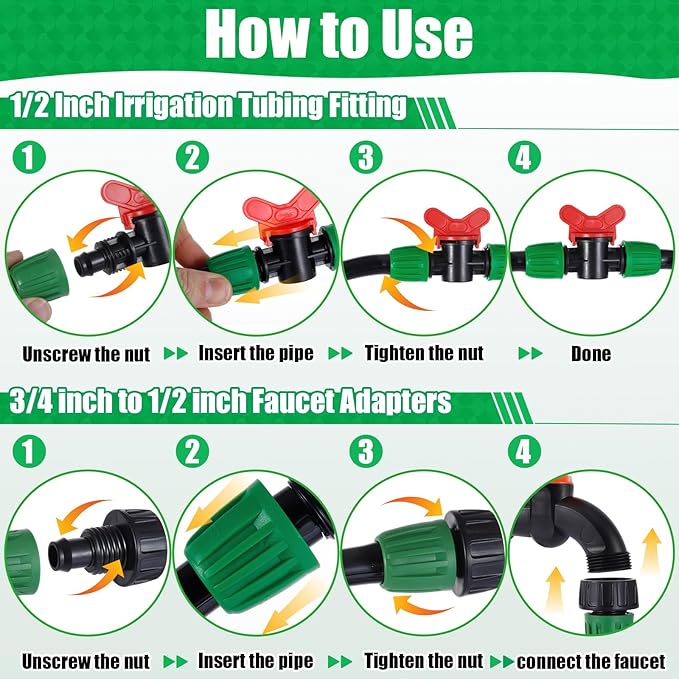 28 Pcs 1/2 Inch Drip Irrigation Fittings Kits,Drip Hose Connector for 1/2" Irrigation Tubing(1/2" ID x0.6-0.63"OD) with 6 Tees,6 Couplings,4 Switch Valves,4 End Cap, 4 Elbows,4 Faucet Adapter