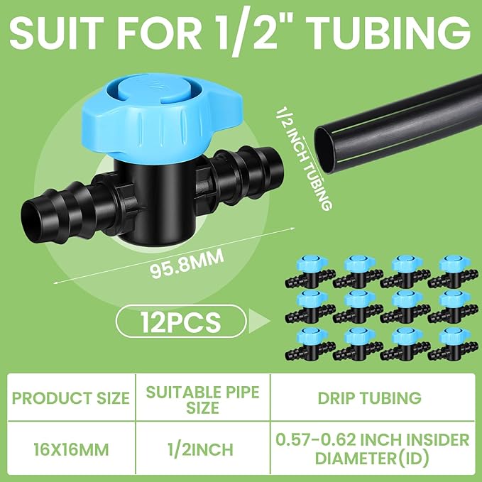Briwooody 12 Pack 1/2 Inch Drip Irrigation Barbed Valve Fittings Ball Shut off Sprinkler Valve 16 mm for 1/2 in and 5/8 in Drip Irrigation Tubing(570-620" ID) Barbed Switch Valves for Garden Sprinkler