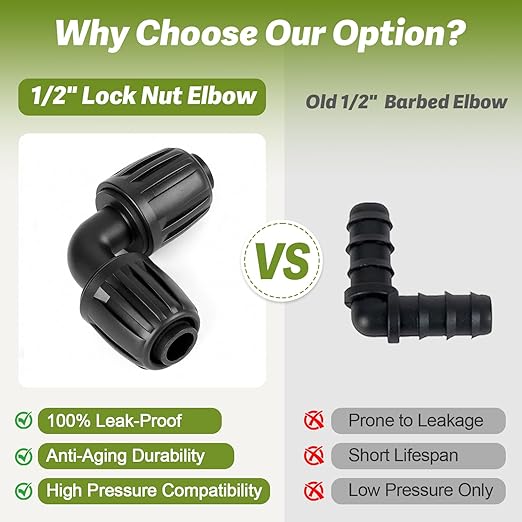 12 Pack 1/2 Inch Drip Irrigation Elbow Fittings (1/2" ID x 0.6-0.65" OD), 1/2'' Dripline Barbed Elbow Connectors with Anti-Drop Lock Nuts for Garden Lawn Irrigation System Connection
