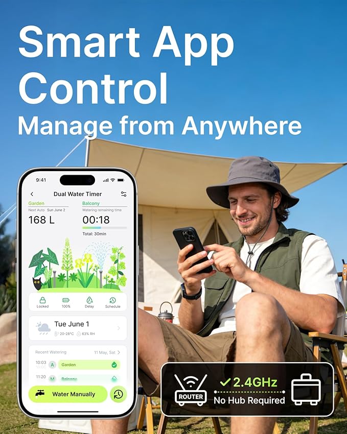 Water Timer for Garden Hose, 2-Zone Solar Sprinkler Controller with Flow Meter, Smart Irrigation System with Rain Delay, Brass Inlet, APP & Voice Control WiFi Hose Timer, No Hub Required