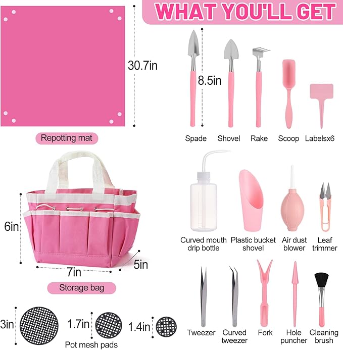 44pcs Small Gardening Tools Gifts for Women Beginners - Garden Hand Tools Set for Indoor Succulent Bonsai Plants Transplanting, Included Bag/Repotting Mat/Shovel/Labels, Pink