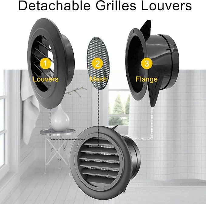 4inch Soffit Vent for Exhaust Fan with Built-in Mesh Screen, Black Round Soffit Exhaust Vent Cover ABS Louver Grille Cover, Dryer Vent for Bathroom Office Kitchen