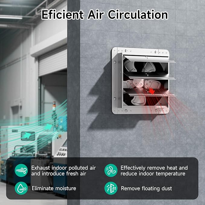 12 Inch Shutter Exhaust Fan, 5-Blade 3500 CFM Wall Vent Fan with Ball Bearing Motor, Automatic Shutter, Built-in Switch for Garage Workshop Greenhouse Ventilation