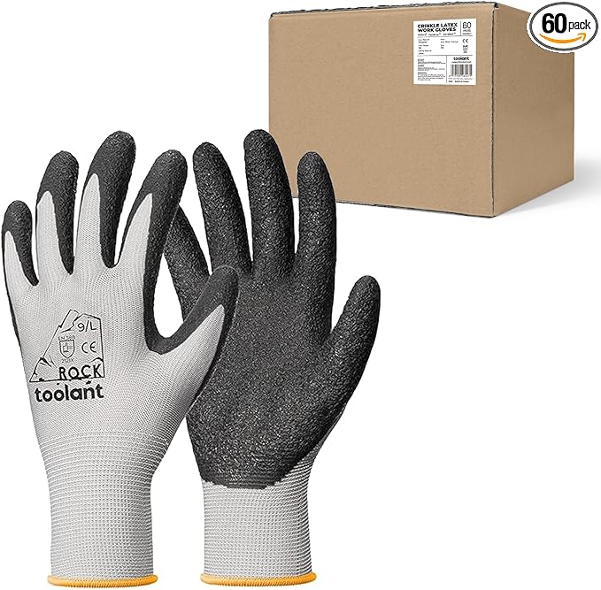 toolant Crinkle Latex Work Gloves Bulk, Rubber Coated Safety Work Gloves for Men and Women, 60 Pairs for Construction, Gardening, Warehouse (Gray, Large)