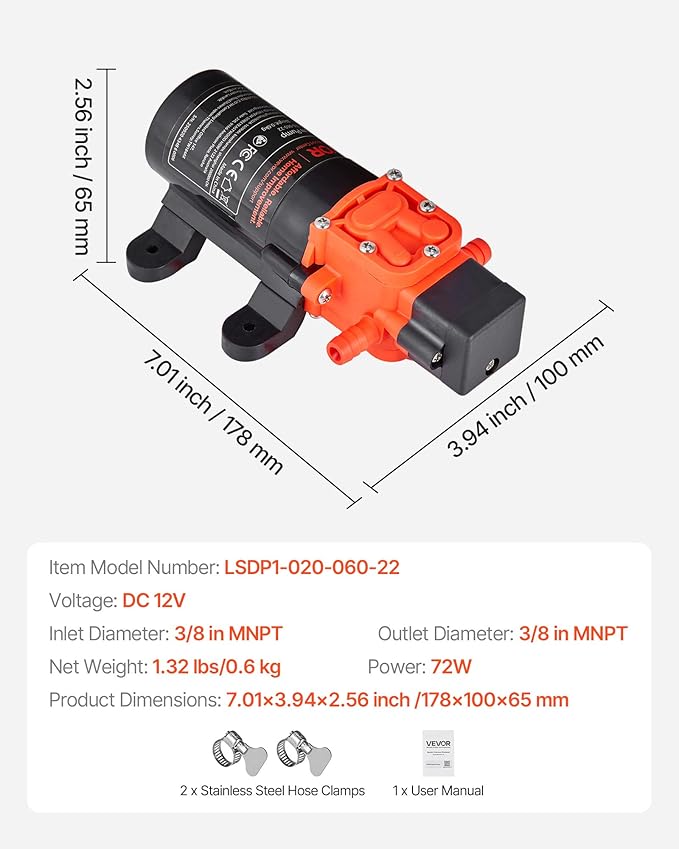 VEVOR Water Pressure Pump, 12V DC 1.2 GPM (4.5 L/min), 2-Chamber Self-Priming Diaphragm Water Pump with 2 Hose Clamps, 80 PSI Max Pressure, Quiet Operation, for RV, Caravan, Marine, Garden Irrigation