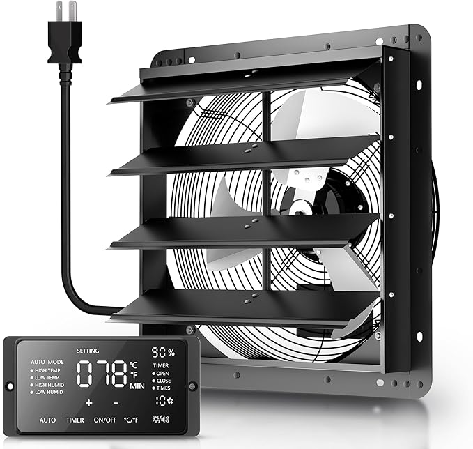 10" Shutter Exhaust Fan with 6 ft Power Cord, EC Motor Wall Mount Attic Fan, Smart Programming Variable Speed, Temp/Humidity & Timer, Auto Louvers, 1393 CFM for Commercial, Grow Room, Waterproof