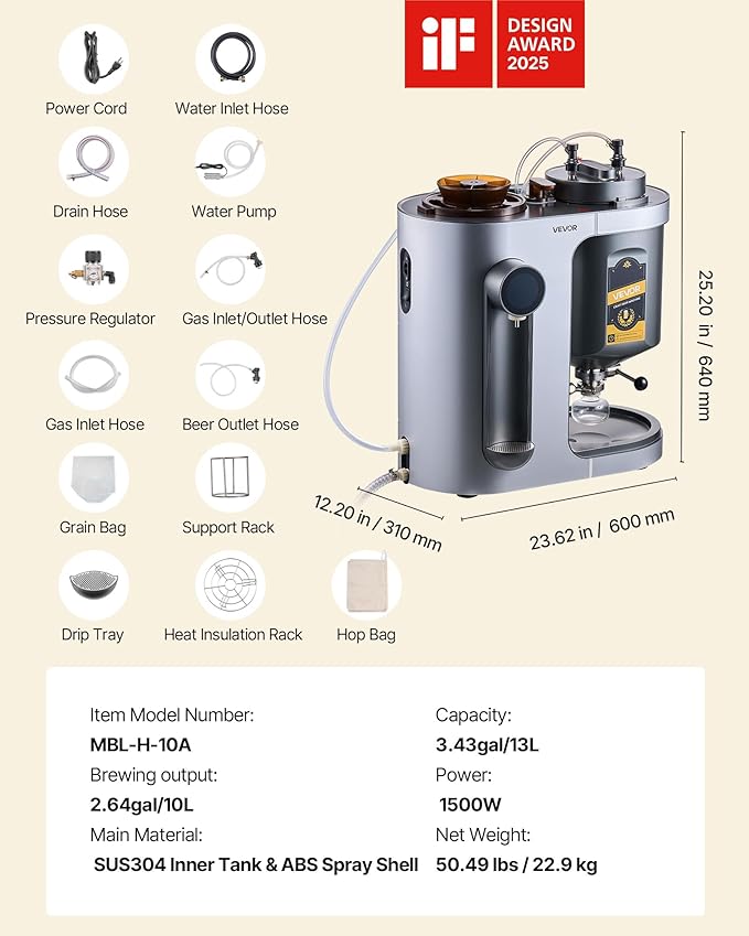 VEVOR Automatic Home Beer Brewer, 1500W Electric Beer Brewing Machine, 3.43 Gal All-in-One Home Brewer with Mash Boil Device, 304 Stainless Steel Internal Tank, Auto Temperature & Pressure Control