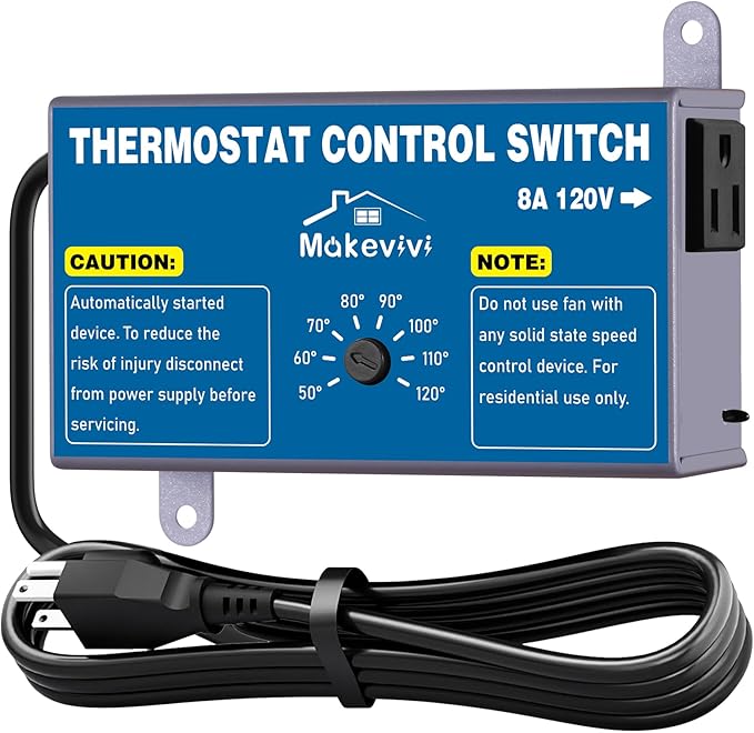 2 Pack Thermostat Controller for Attic Fan, Adjustable Temperature Control Switch with Socket, Overload & Surge Protector, 1600W Fan Thermostat for Garage, Workshop, Greenhouse