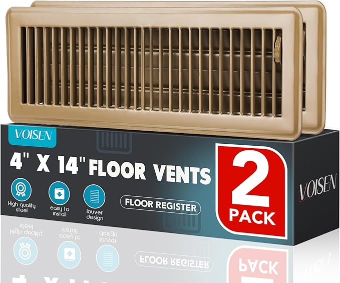 VOISEN Floor Register 4x14, 2 Pack Floor Vent Covers, Steel Adjustable Air Supply Grille Register Vent Cover Grill for Sidewall and Floor, Vent Covers for Home Floor,Brown