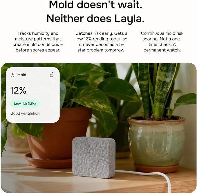 Layla Smart Home Agent — 9-in-1 Smart Sensor, Noise & Motion Detector, Air Quality Monitor with CO2, bVOC, Humidity & Energy Tracking | AC Controller, Works with Alexa & Google Home | No Subscription