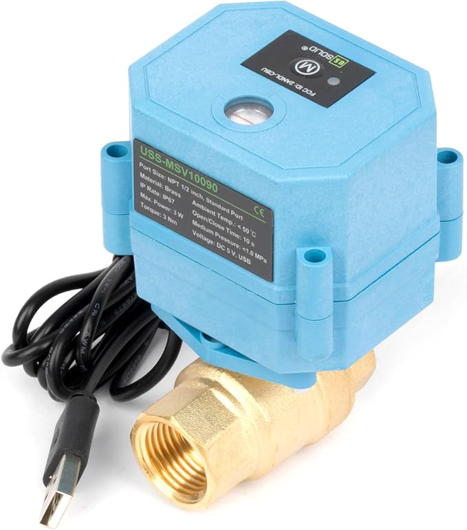 U.S. Solid WiFi Smart Motorized Ball Valve 1/2 inch NPT for Water Control & Irrigation, 2 Way Brass Electric Valve, USB Powered, LED Status Indicator, Flow Direction Window, Remote On/Off Control