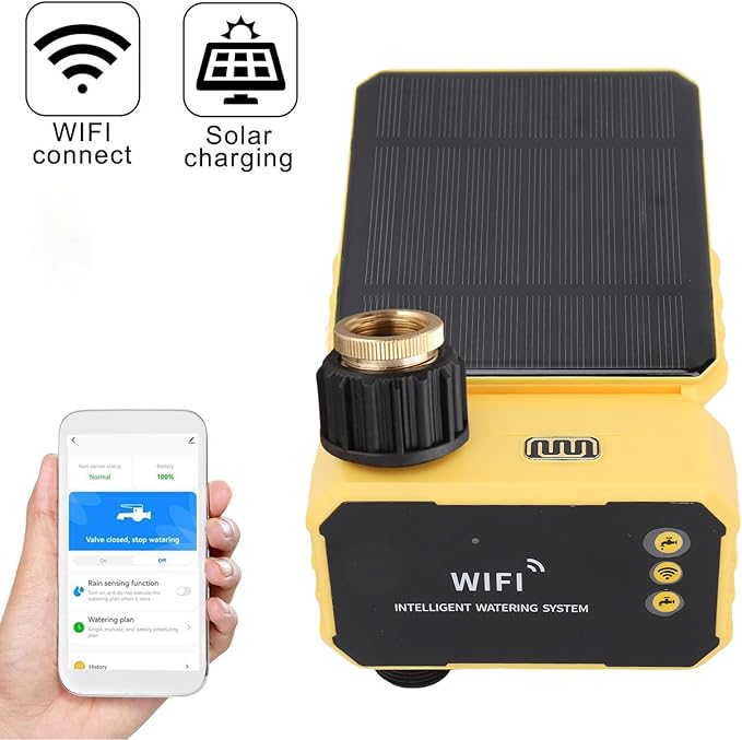ITEFDTUTNE WiFi Solar Sprinkler Timer, Automatic Watering Valve Controller with Rain Sensor and App Control, for Villas Balconies Rooftop Gardens