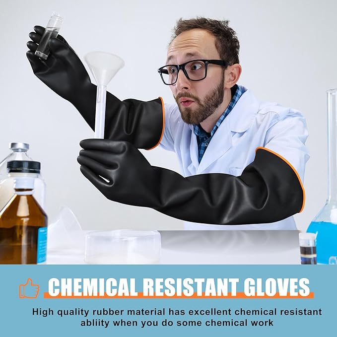 22" Chemical Resistant Gloves, Reusable Heavy Duty Long Rubber Glove, Waterproof Dishwashing Gloves for Men, Forearm Protection Resist Strong Acid, Alkali, Oil, XL Size