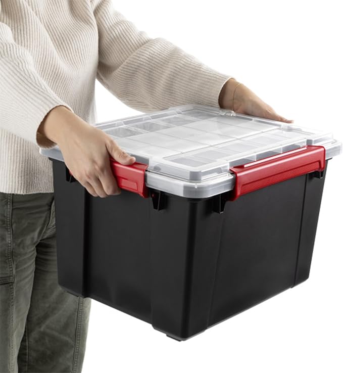 Sterilite 8 Pack Gasket Box, Stackable Plastic 13.5 Gallon Storage Container with Lids, Black - Waterproof and Dustproof Tote for Home Organization