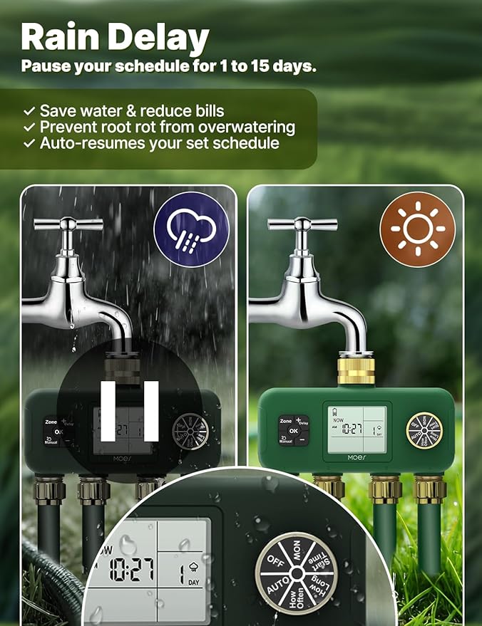 MOES 4 Zone Water Timer for Garden Hose, Heavy Duty Solid Brass Inlet & Outlets, Programmable Sprinkler Timer Battery Operated, 4 Way Faucet Valve with Sequential Watering (Non-WiFi)