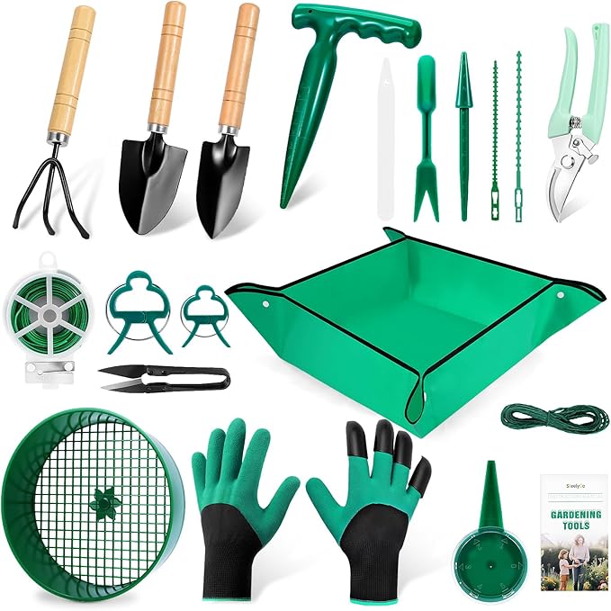 Gardening Tool Set, 18PCS Bonsai Tool Set for Succulents, Herbs & Indoor Plants, Mini Garden Tools with Repotting Mat, Gloves, Pruner, Plant Ties & Labels, Garden Starter Kit for Beginners