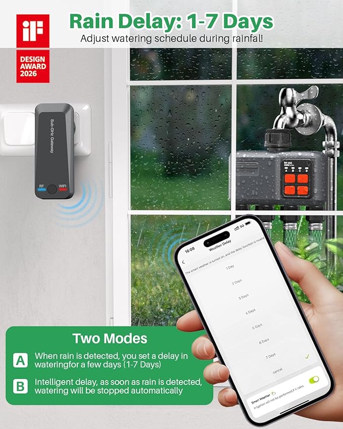 WiFi Sprinkler Timer 4 Zone with 984 Feet RF Gateway, 4 Outlet Smart Water Timer for Garden Hose with Rain Delay/Manual/Automatic,WiFi Water Hose Timers for Garden & Lawns
