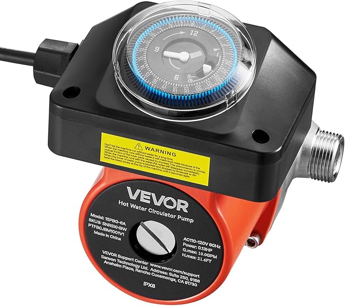 VEVOR Hot Water Recirculating Pump, with Bypass Valve, Instant Recirculation Pump Kit with Timer, Adapter, Circulation Circulator System, Stainless Steel Head, 0.13 HP 110-120V, for Tank Water Heaters