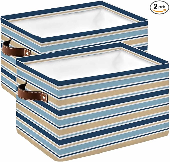 Blue Khaki Striped Storage Bins Cubes Waterproof Cloth Storage Basket,Farmhouse Stripes Modern Abstract Art Foldable Storage Bags for Shelf Clothes Storages Organizers with Handles 15x11x9.5 in 2PCS