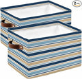 Blue Khaki Striped Storage Bins Cubes Waterproof Cloth Storage Basket,Farmhouse Stripes Modern Abstract Art Foldable Storage Bags for Shelf Clothes Storages Organizers with Handles 15x11x9.5 in 2PCS